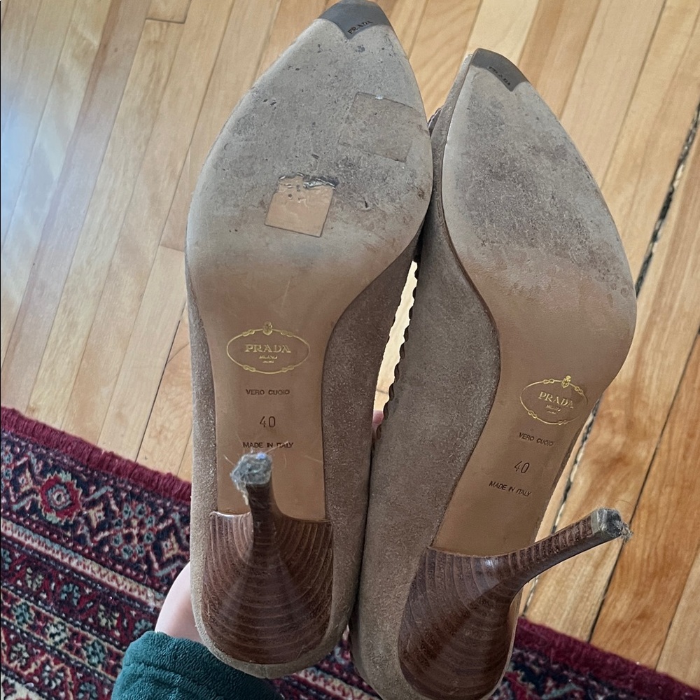 Prada Women's Tan and Purple Embellished Heels - Picture 5 of 5
